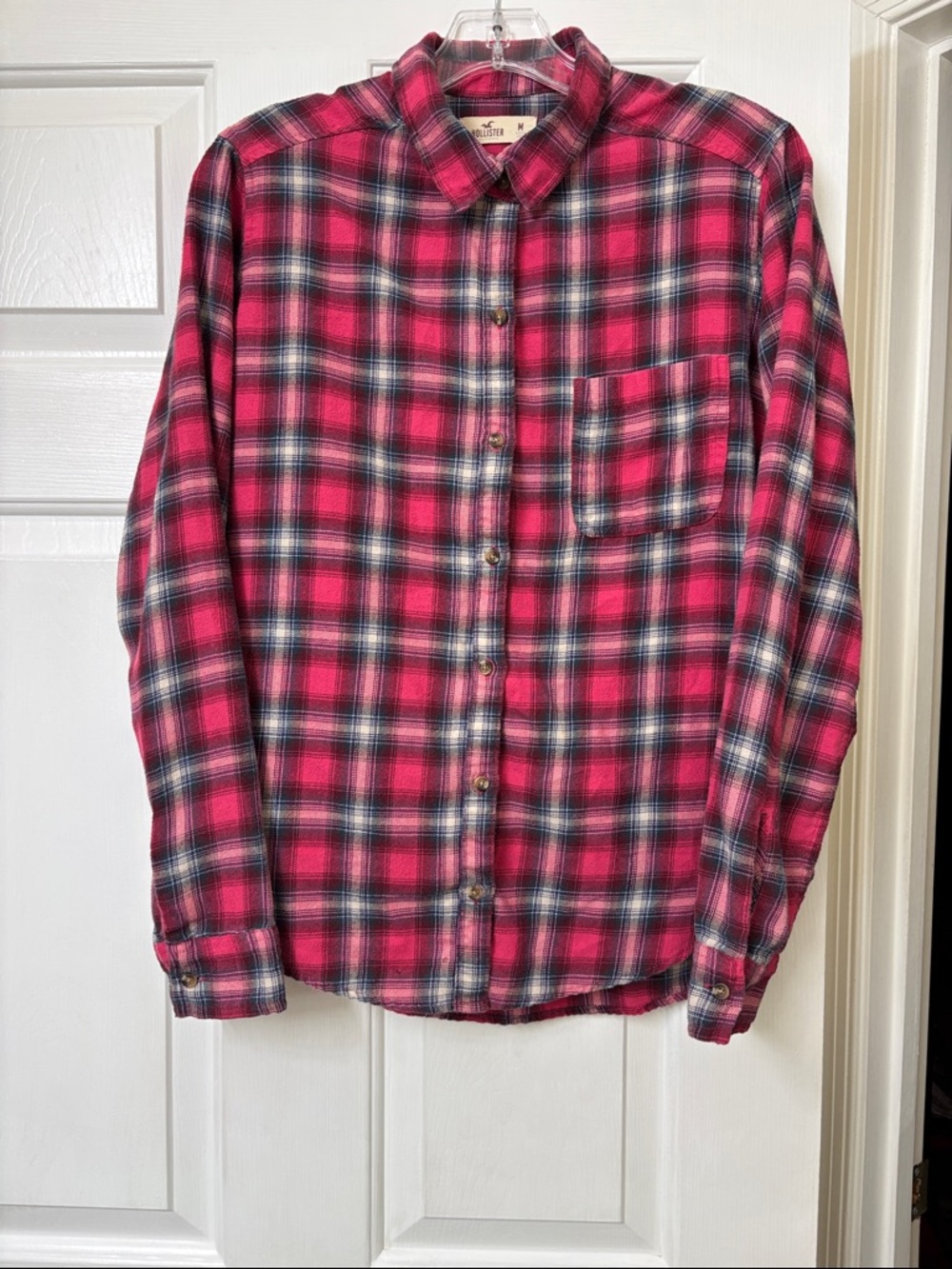 Hollister Women’s pink and navy Plaid Button-Up Shirt - Classic Flannel Style